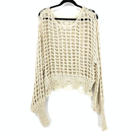 Unbranded Open Knit Long Sleeve Distressed Sweater Womens One Size Beige - Picture 1 of 5